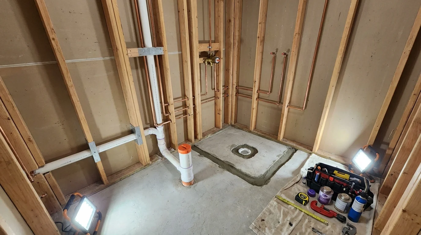 Bathroom rough-in plumbing during remodel by Johns Plumbing LLC in Cypress