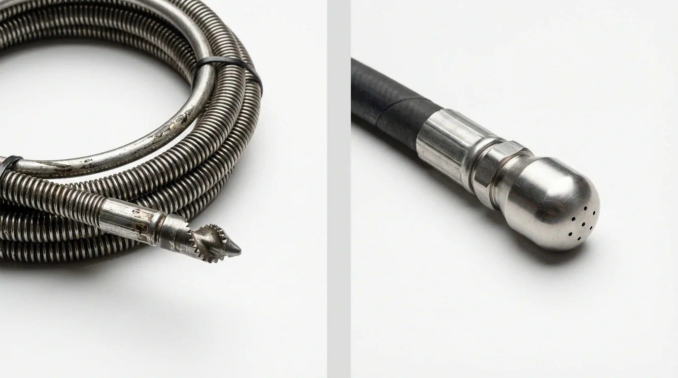 Drain snake cable and hydro jetting nozzle used for drain cleaning in Cypress, CA