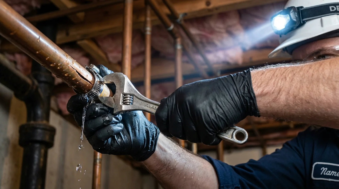 Emergency pipe clamp repair being performed by a Johns Plumbing LLC plumber in Cypress