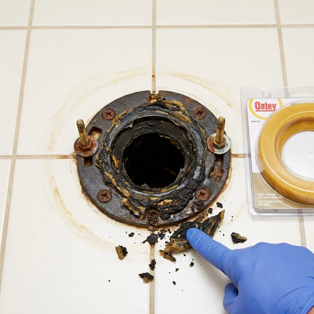 Failed wax ring showing water seepage at the base of a toilet in a Cypress, CA home