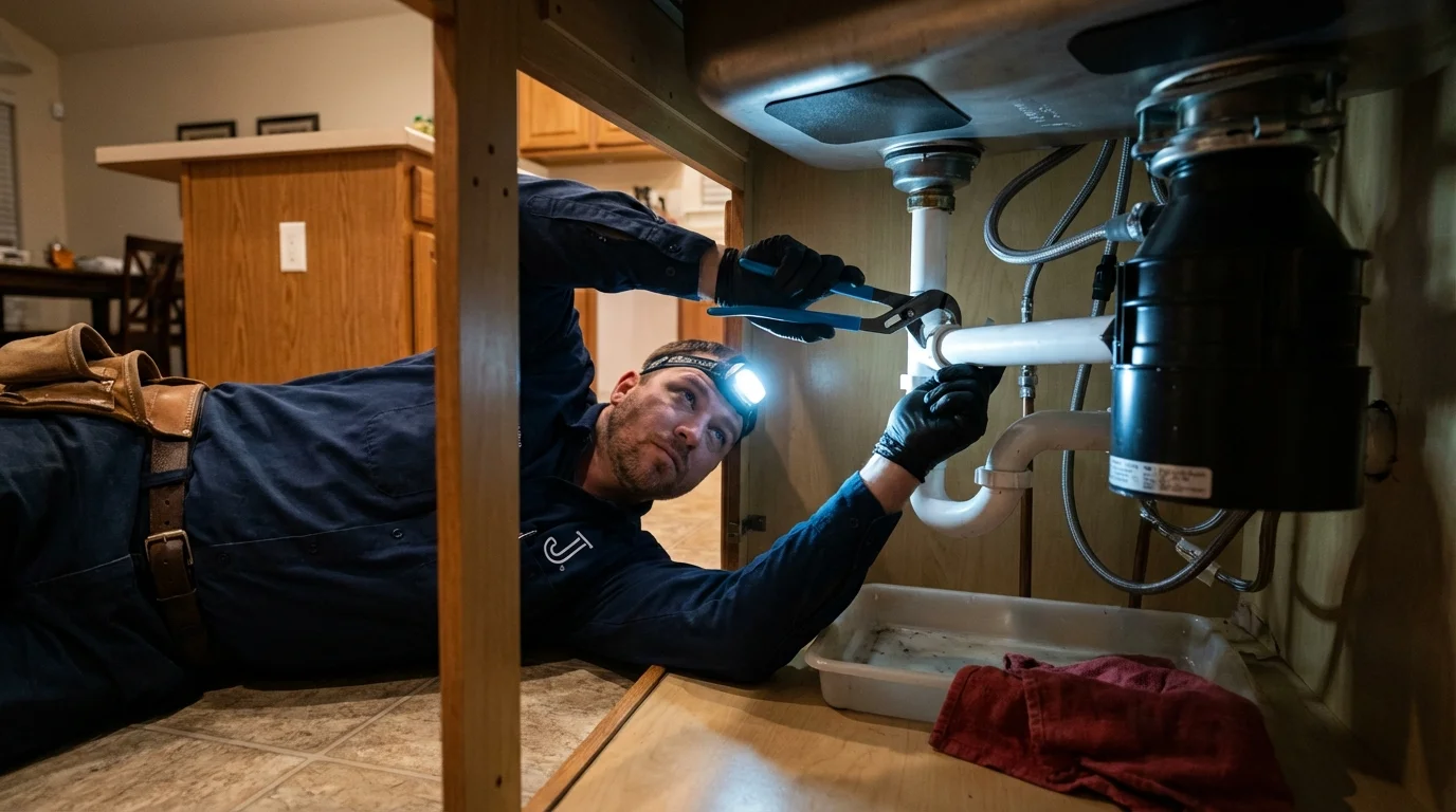 P-trap and supply line connections under a kitchen sink showing a common leak point in Cypress, CA
